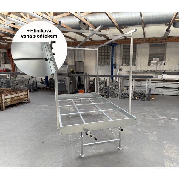 Pěstební stůl hliník s pojezdem a plechovou vanou