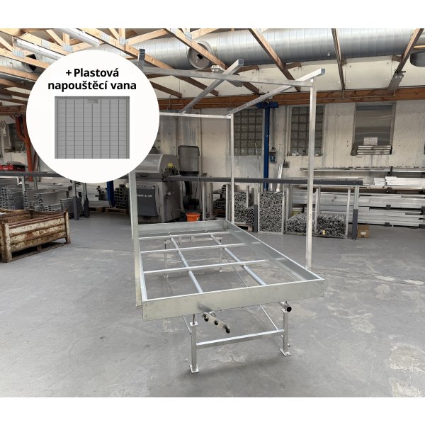 Pěstební stůl hliník s pojezdem a plastovými vanami