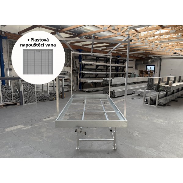 Pěstební stůl hliník s pojezdem a plastovými vanami