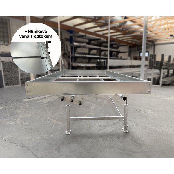 Pěstební stůl hliník s pojezdem a plechovou vanou