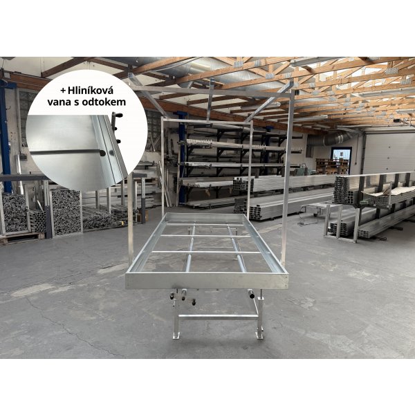 Pěstební stůl hliník s pojezdem a plechovou vanou